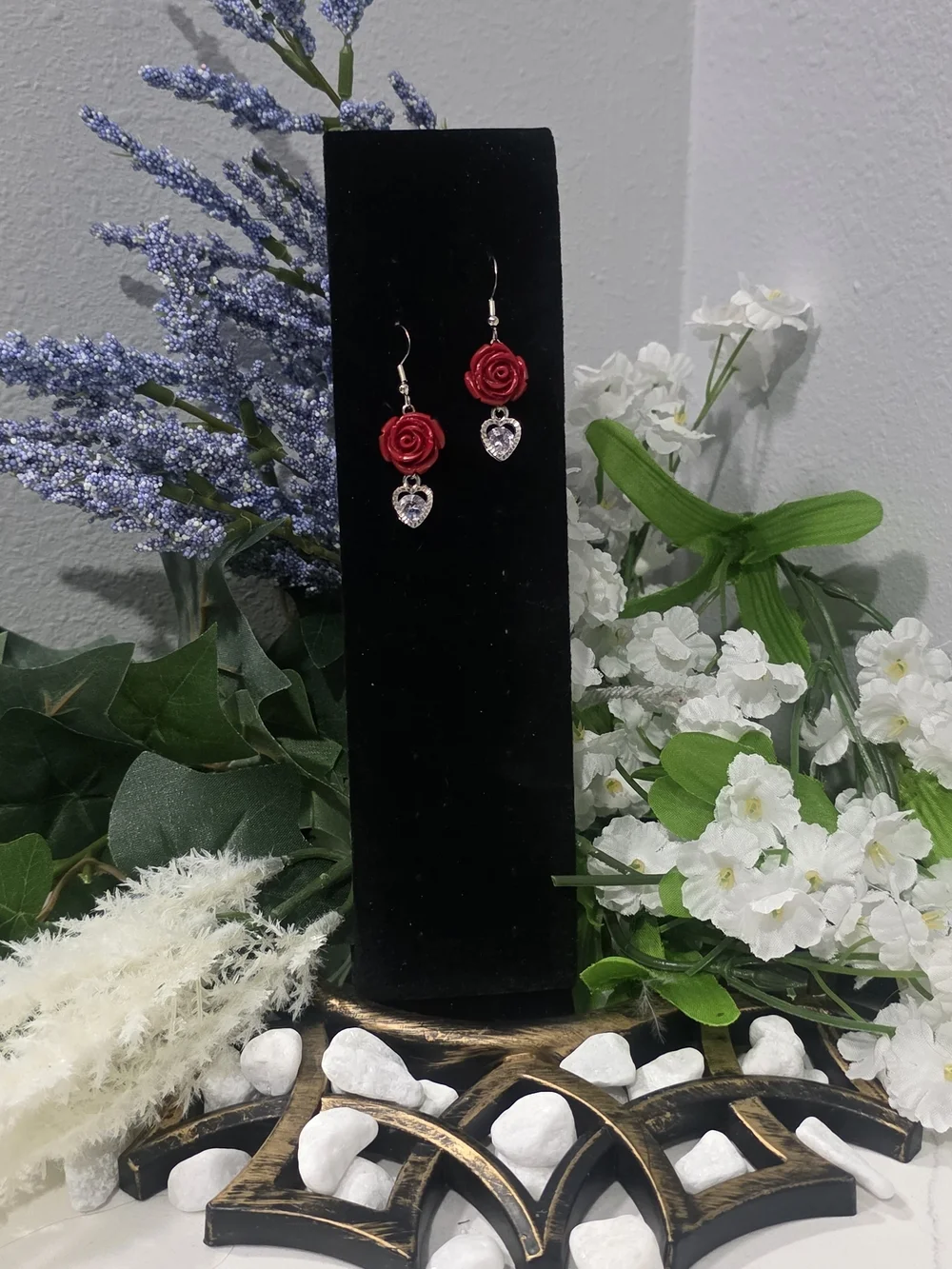 Hand Crafted Red Rose And Cubic Zirconia Earrings